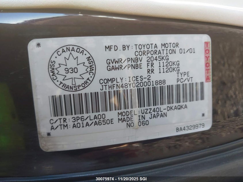 2002 Lexus Sc 430 VIN: JTHFN48Y020001888 Lot: 30075974