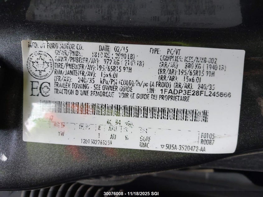 2015 Ford Focus S VIN: 1FADP3E28FL245666 Lot: 30076008