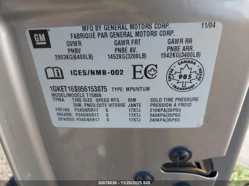 2005 GMC Envoy Xl VIN: 1GKET16S956153075 Lot: 30076036