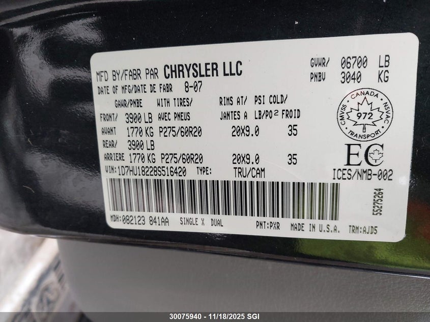 2008 Dodge Ram 1500 St/Slt VIN: 1D7HU18228S516420 Lot: 30075940