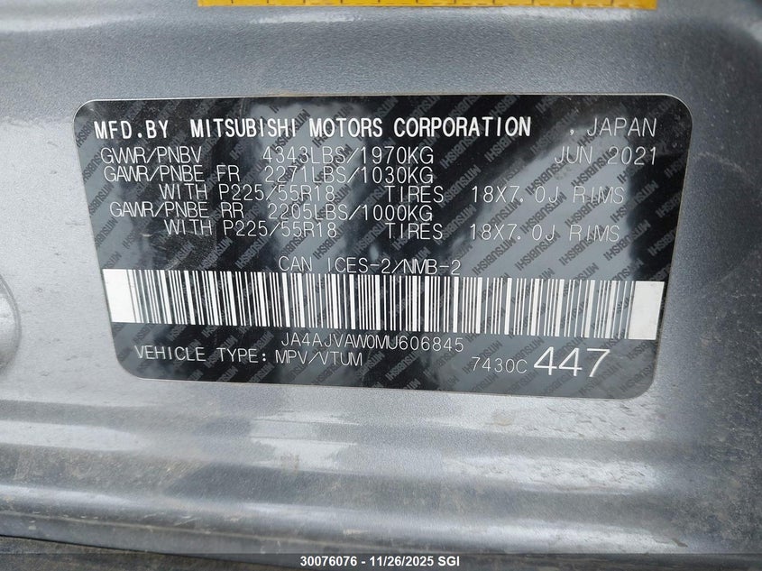 2021 Mitsubishi Rvr Se/Sel/Le/Gt VIN: JA4AJVAW0MU606845 Lot: 30076076