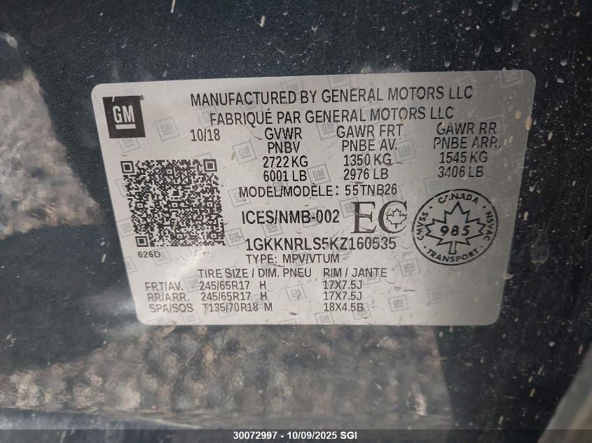 2019 GMC Acadia Sle VIN: 1GKKNRLS5KZ160535 Lot: 30072997
