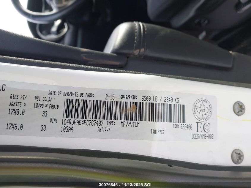 2015 Jeep Grand Cherokee Laredo VIN: 1C4RJFAG4FC767487 Lot: 30075645