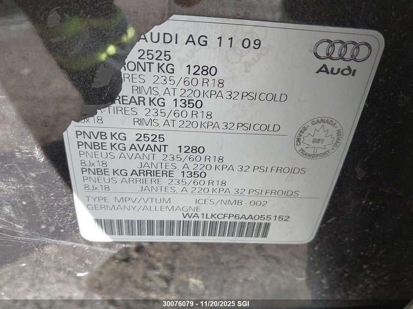 2010 Audi Q5 Premium Plus VIN: WA1LKCFP6AA055152 Lot: 30076079