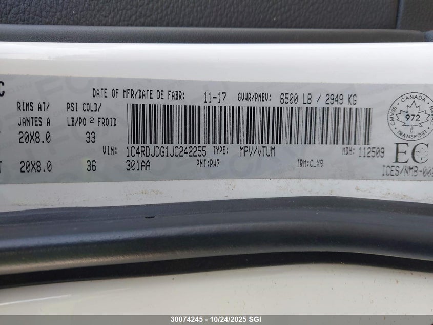 2018 Dodge Durango Gt VIN: 1C4RDJDG1JC242255 Lot: 30074245