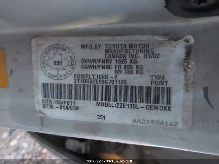 2003 Toyota Corolla Ce/Le/S VIN: 2T1BR32E93C701123 Lot: 30075920