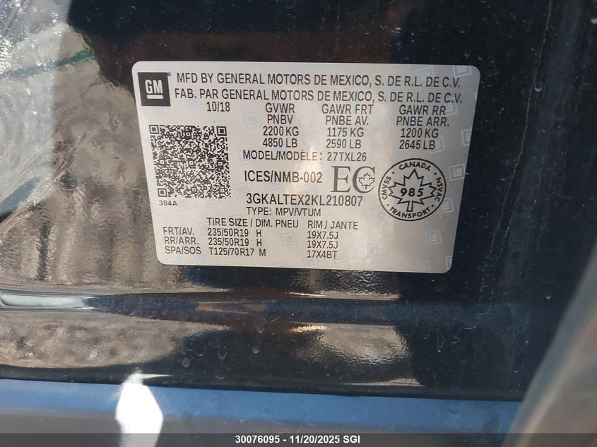 2019 GMC Terrain Sle VIN: 3GKALTEX2KL210807 Lot: 30076095