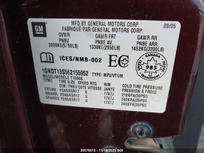 2006 Chevrolet Trailblazer Ls/Lt VIN: 1GNDT13S562155952 Lot: 30076015