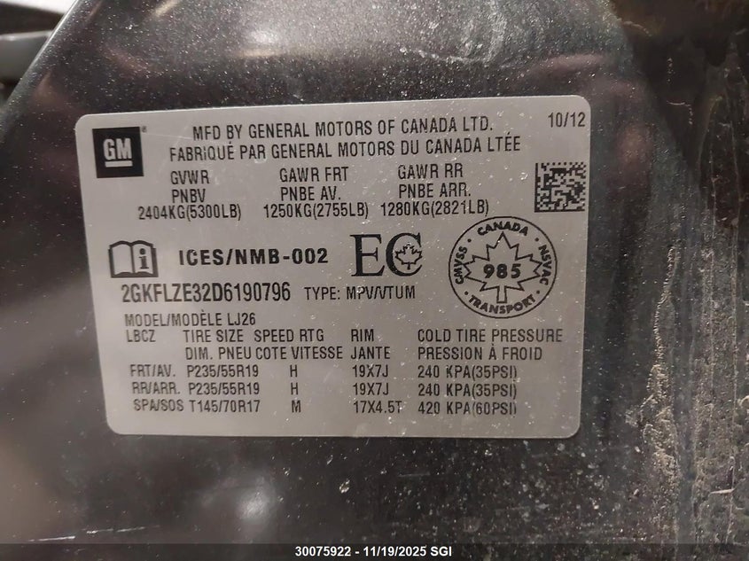 2013 GMC Terrain Denali VIN: 2GKFLZE32D6190796 Lot: 30075922