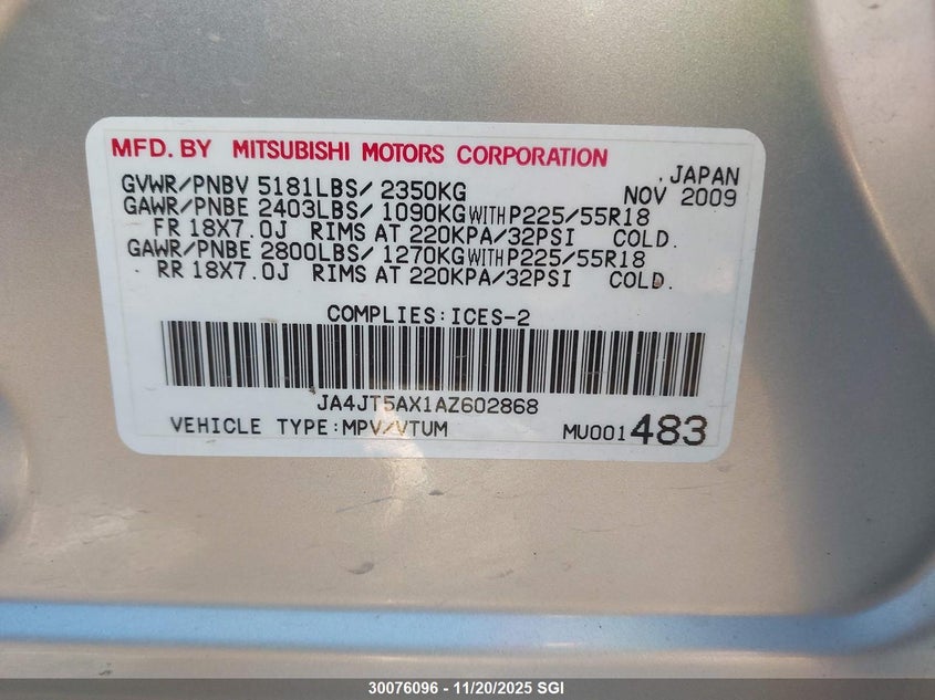 2010 Mitsubishi Outlander Gt VIN: JA4JT5AX1AZ602868 Lot: 30076096