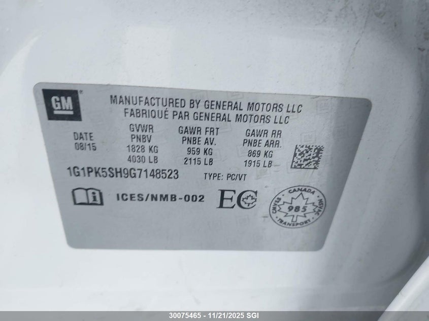 2016 Chevrolet Cruze Limited Ls VIN: 1G1PK5SH9G7148523 Lot: 30075465