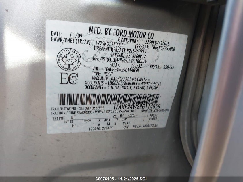 2009 Ford Taurus Sel VIN: 1FAHP24W29G114858 Lot: 30076105