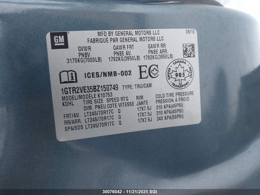 2011 GMC Sierra K1500 Sle VIN: 1GTR2VE35BZ150749 Lot: 30076042