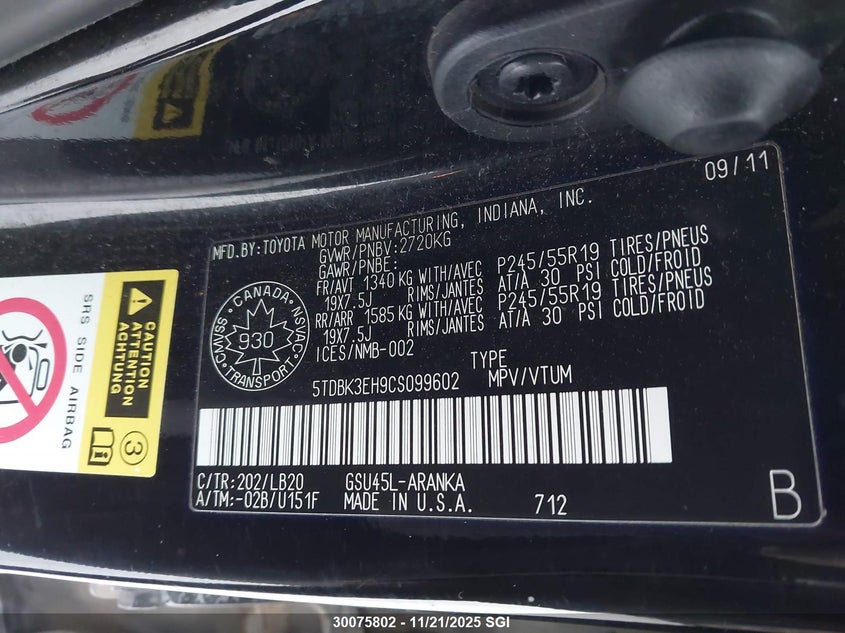 2012 Toyota Highlander Se VIN: 5TDBK3EH9CS099602 Lot: 30075802