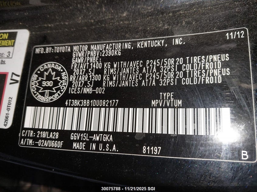 2013 Toyota Venza Le/Xle/Limited VIN: 4T3BK3BB1DU082177 Lot: 30075788