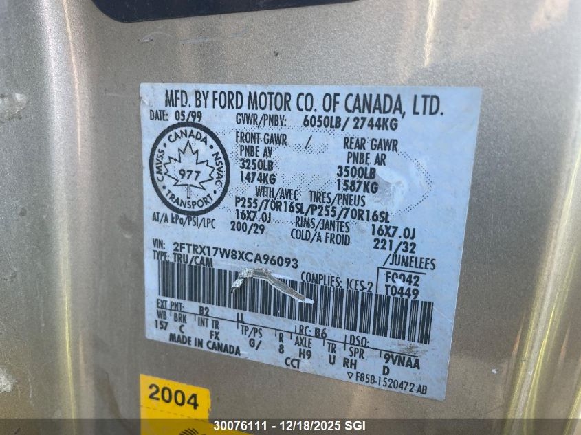 1999 Ford F150 VIN: 2FTRX17W8XCA96093 Lot: 30076111