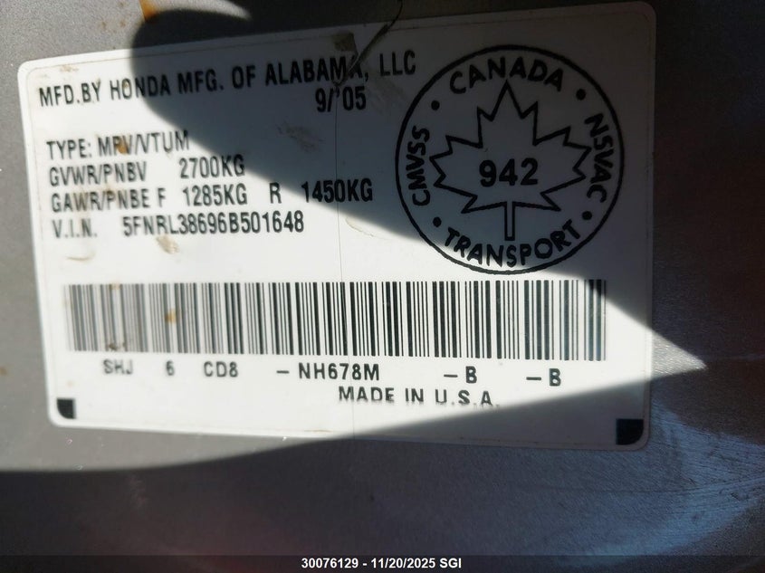 2006 Honda Odyssey Exl VIN: 5FNRL38696B501648 Lot: 30076129