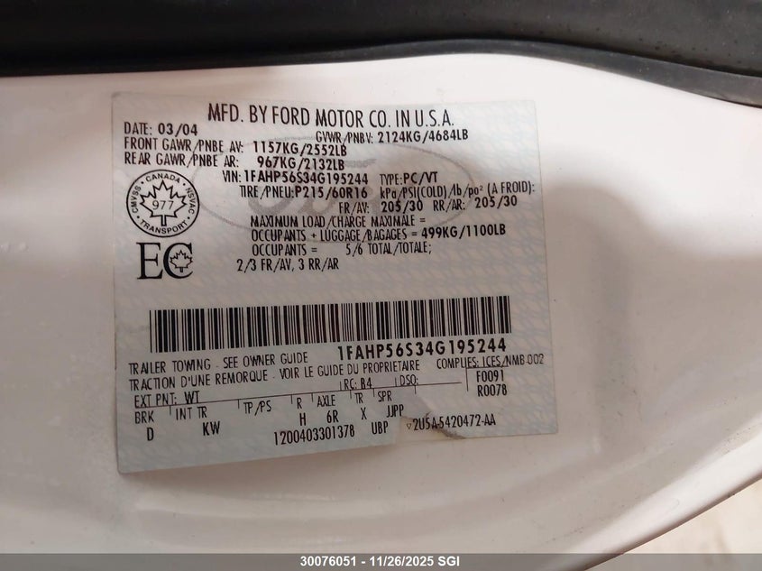 2004 Ford Taurus Sel VIN: 1FAHP56S34G195244 Lot: 30076051