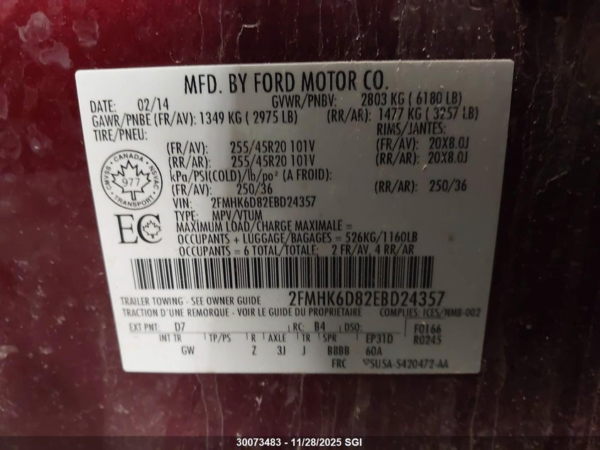 2014 Ford Flex Limited VIN: 2FMHK6D82EBD24357 Lot: 30073483