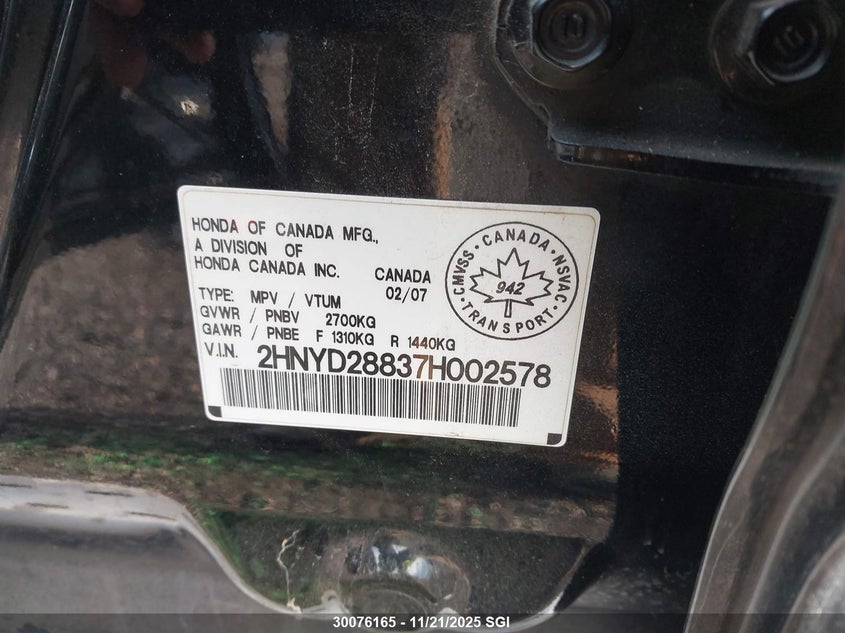 2007 Acura Mdx Sport VIN: 2HNYD28837H002578 Lot: 30076165