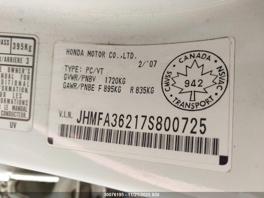 JHMFA36217S800725 2007 HONDA CIVIC photo no. 9