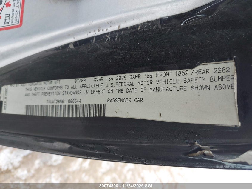 2001 Audi Tt Quaro VIN: TRUWT28N811006644 Lot: 30074800