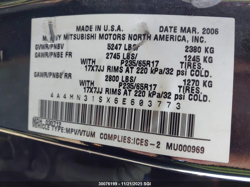 2006 Mitsubishi Endeavor Ls/Rt VIN: 4A4MN31SX6E603773 Lot: 30076199