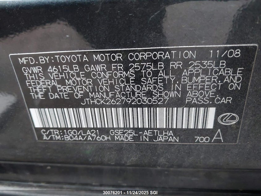 2009 Lexus Is 250 VIN: JTHCK262792030527 Lot: 30076201