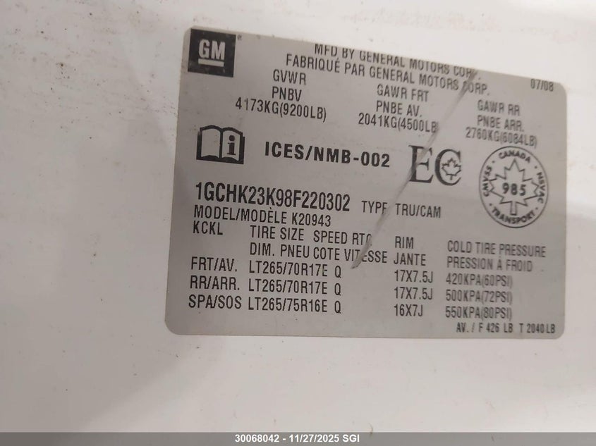 2008 Chevrolet Silverado K2500 Heavy Duty VIN: 1GCHK23K98F220302 Lot: 30068042