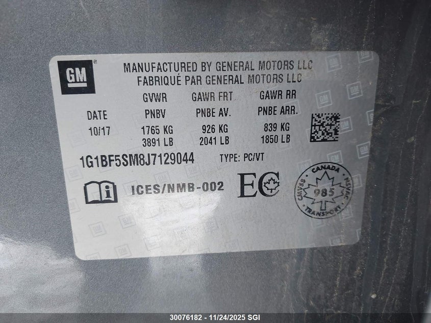 2018 Chevrolet Cruze Premier VIN: 1G1BF5SM8J7129044 Lot: 30076182