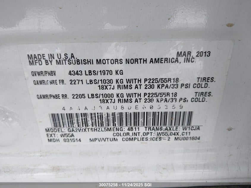 2013 Mitsubishi Rvr Se VIN: 4A4AJ3AU8DE606359 Lot: 30075258