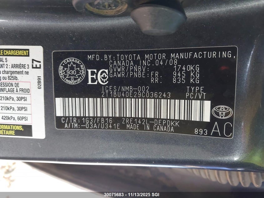 2009 Toyota Corolla S/Le/Xle VIN: 2T1BU40E29C036243 Lot: 30075683