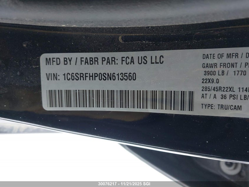 2025 Ram 1500 Limited VIN: 1C6SRFHP0SN613560 Lot: 30076217