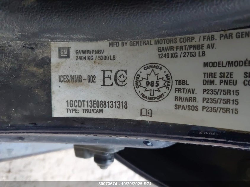 2008 Chevrolet Colorado VIN: 1GCDT13E088131318 Lot: 30073674