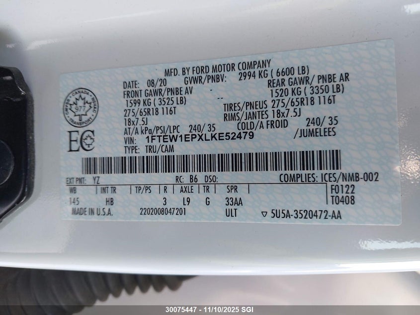 2020 Ford F150 Supercrew VIN: 1FTEW1EPXLKE52479 Lot: 30075447