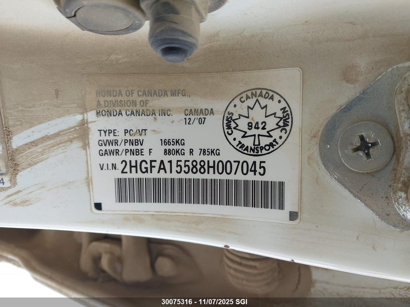 2008 Honda Civic Lx VIN: 2HGFA15588H007045 Lot: 30075316