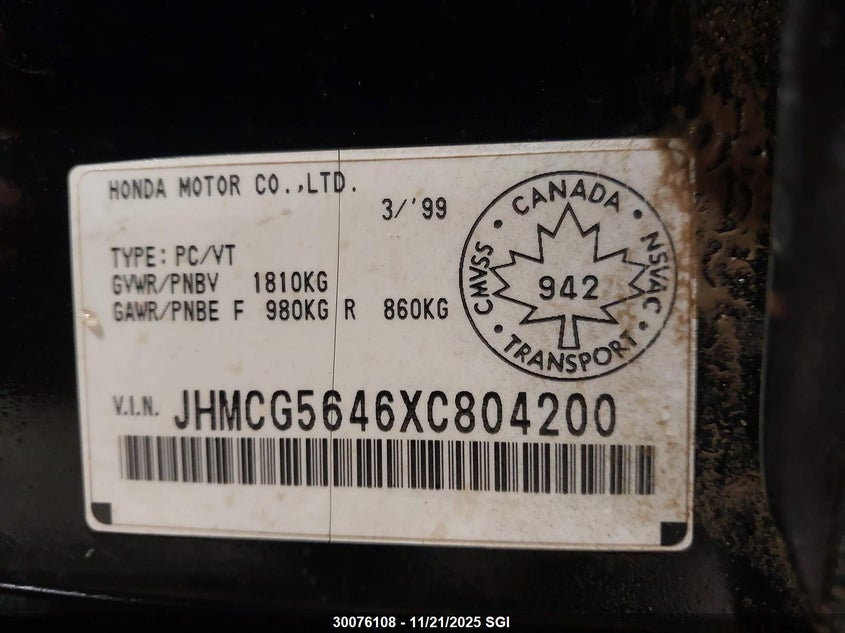 1999 Honda Accord Lx VIN: JHMCG5646XC804200 Lot: 30076108