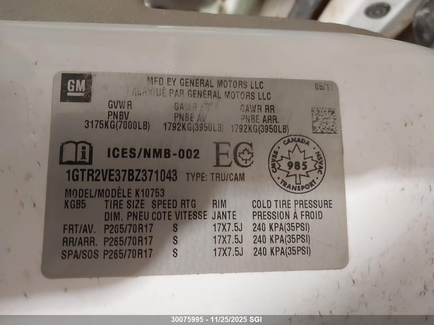 2011 GMC Sierra K1500 Sle VIN: 1GTR2VE37BZ371043 Lot: 30075995