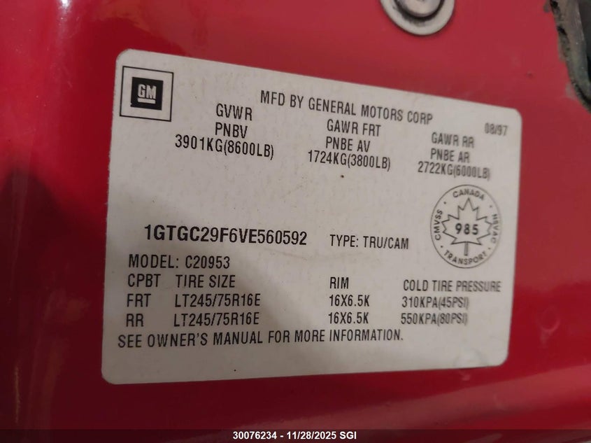 1997 GMC Sierra C2500 VIN: 1GTGC29F6VE560592 Lot: 30076234