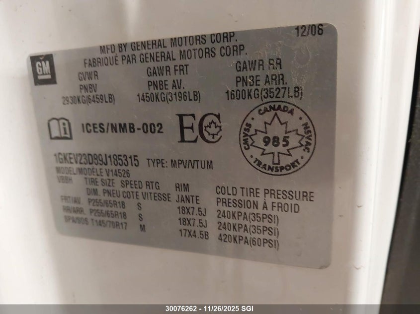 2009 GMC Acadia Slt-1 VIN: 1GKEV23D89J185315 Lot: 30076262