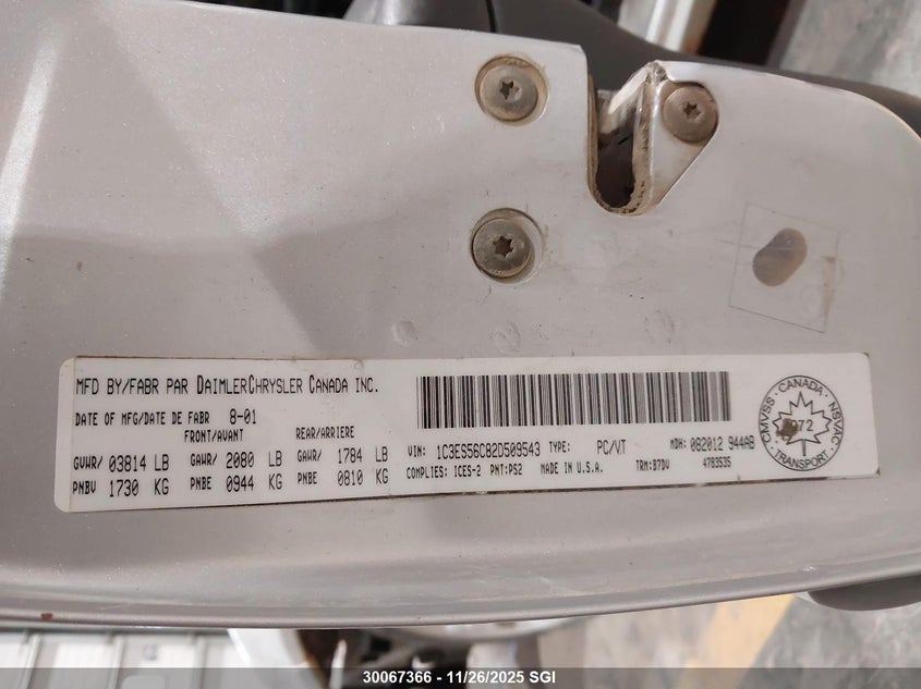 2002 Chrysler Neon Lx VIN: 1C3ES56C82D509543 Lot: 30067366