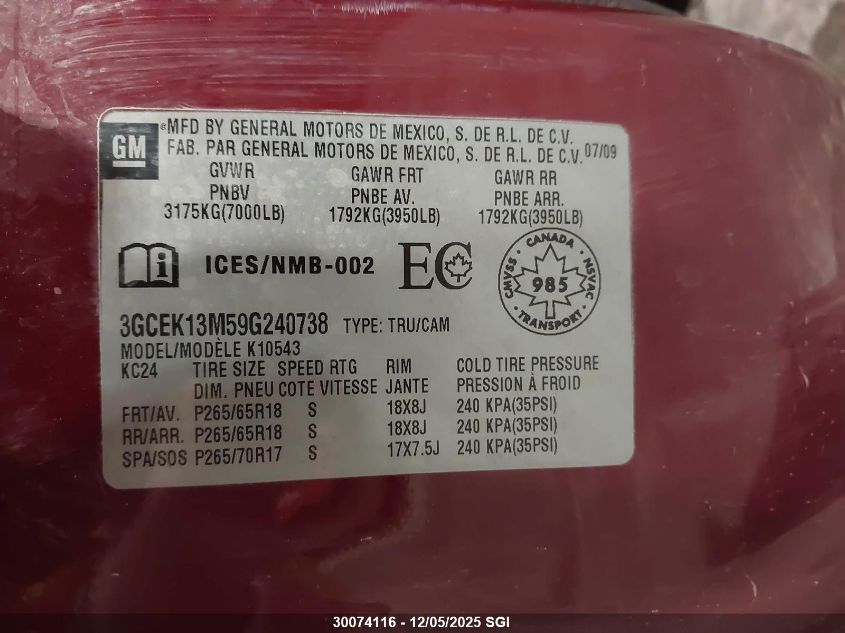 2009 Chevrolet Silverado K1500 VIN: 3GCEK13M59G240738 Lot: 30074116