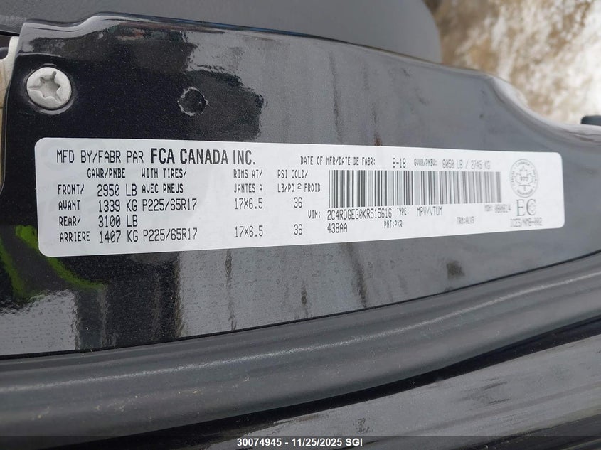 2019 Dodge Grand Caravan Gt VIN: 2C4RDGEG0KR515616 Lot: 30074945