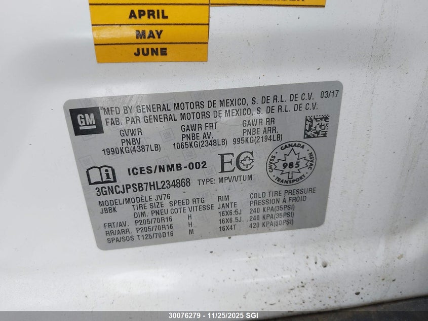 2017 Chevrolet Trax 1Lt VIN: 3GNCJPSB7HL234868 Lot: 30076279