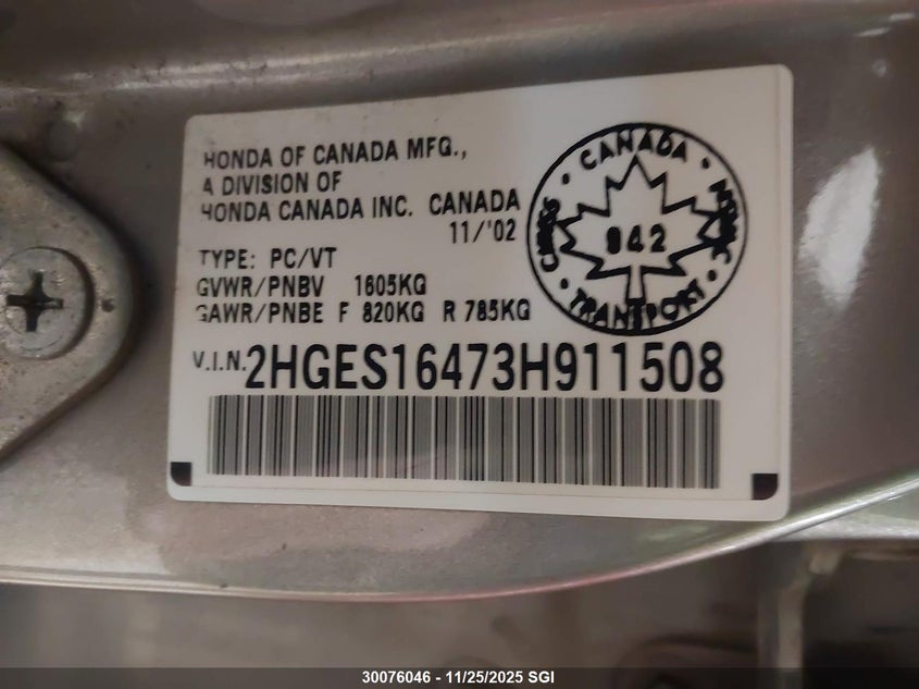 2003 Honda Civic Dx VIN: 2HGES16473H911508 Lot: 30076046