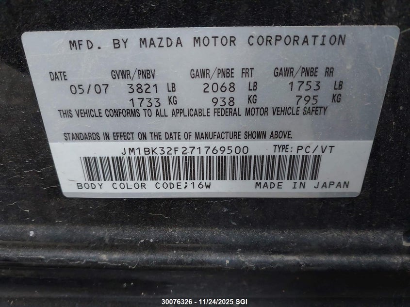 2007 Mazda 3 I VIN: JM1BK32F271769500 Lot: 30076326