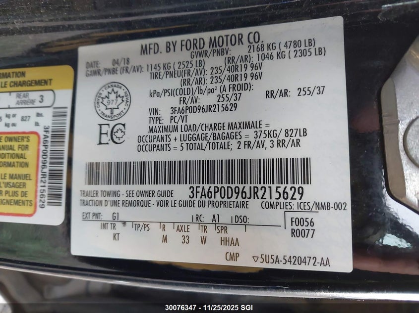 2018 Ford Fusion Titanium/Platinum VIN: 3FA6P0D96JR215629 Lot: 30076347