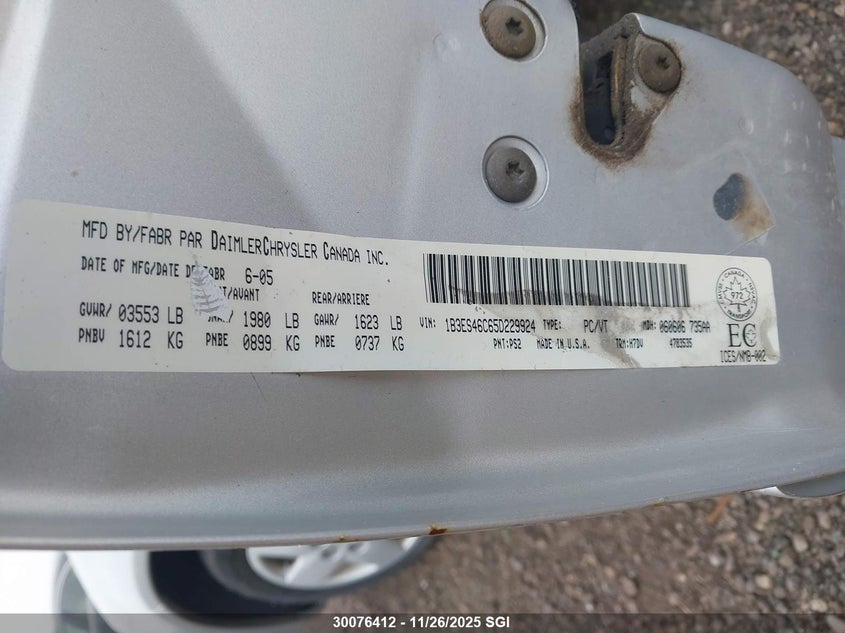 2005 Dodge Neon Sx 2.0 VIN: 1B3ES46C65D229924 Lot: 30076412