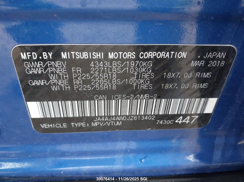 2018 Mitsubishi Rvr Se Limited/Gt VIN: JA4AJ4AW0JZ613402 Lot: 30076414