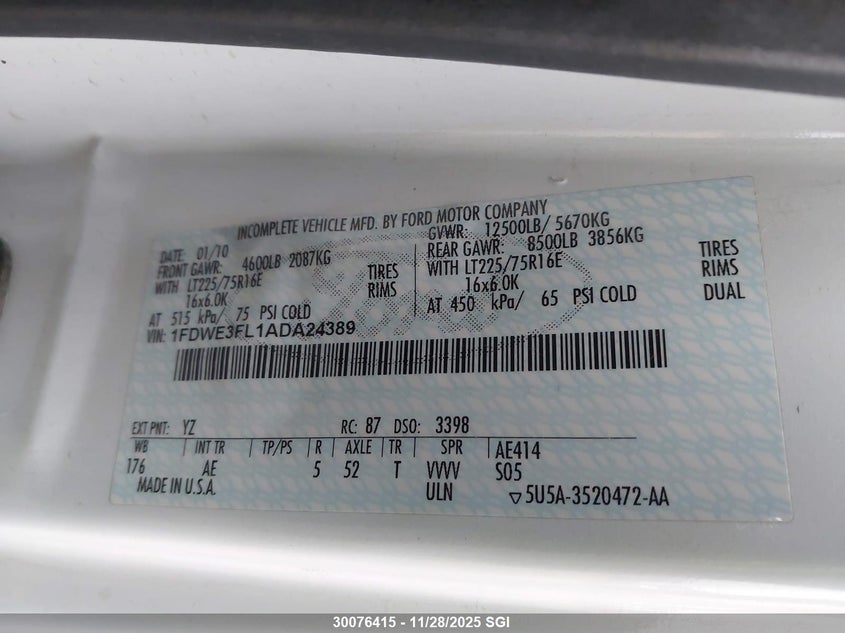 2010 Ford Econoline E350 Super Duty Ctway Van VIN: 1FDWE3FL1ADA24389 Lot: 30076415